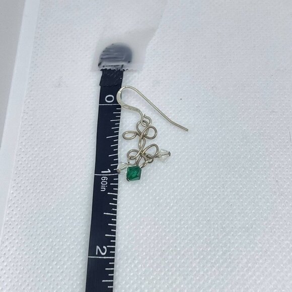 925 Sterling Silver White Green Crystal Wire Dangle Drop Earrings Hook Closure - Picture 4 of 4